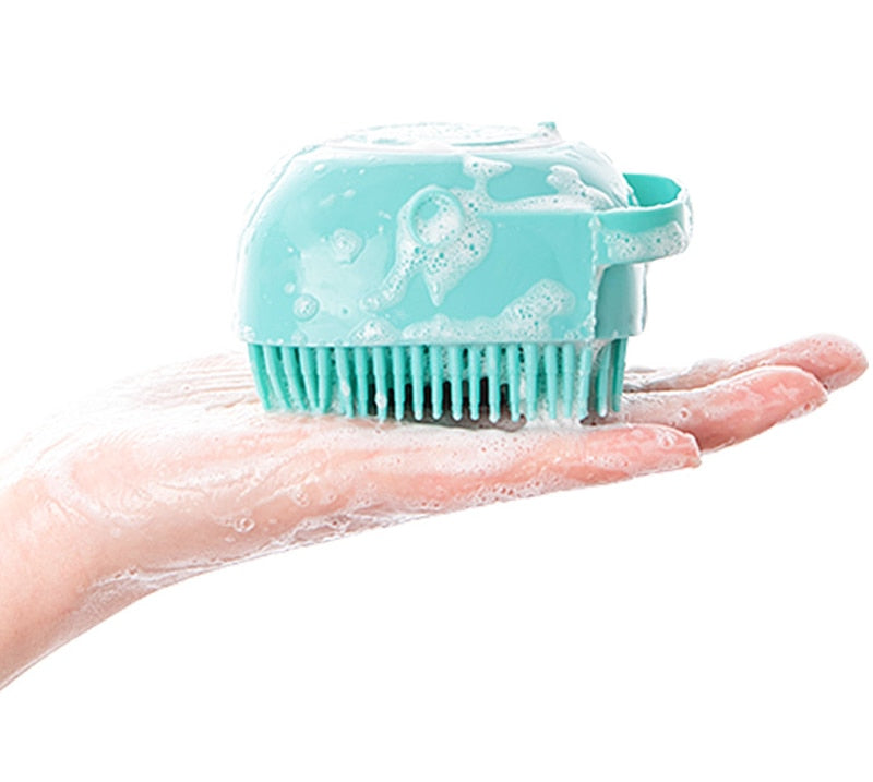 DogCat BathBrush β Silicone Pet Massage Brush with Shampoo Dispenser